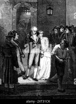 &quot;An Incident in the Revolution of 1792,&quot; by W. W. Ouless, in the Royal Academy Exhibition, 1871. Engraving of a painting. 'Marquis Cazotte, the aged figure in the picture was a spirituel visionnaire, an author of operas comiques and of the romance of the &quot;Diable Amoureux.&quot; He was, however, not the less a hated aristocrat; and there were, besides, written proofs against both him and his daughter of Royalist plotting. These were the crimes for which he was seized and conducted to the prison of L'Abbaye, as here represented...this was, be it remembered, at the period of the co Stock Photo