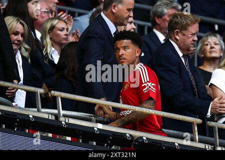 Jadon Sancho of Manchester United reacts to defeat during the FA Community Shield match between Manchester City and Manchester United at Wembley Stadium, London on Saturday 10th August 2024. (Photo: Tom West | MI News) Stock Photo