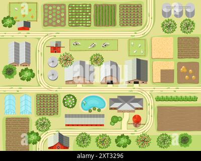 Village top view. Rural landscape background farm buildings and gardens recent vector map template Stock Vector