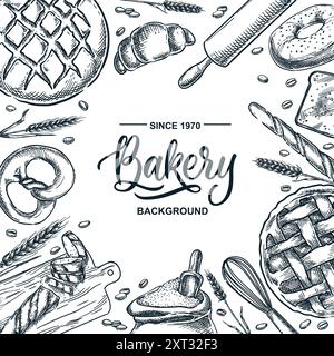 Fresh pastry and baking bread, croissant, bagel and bun. Vector hand drawn sketch illustration isolated on white background. Bakery menu, banner, post Stock Vector