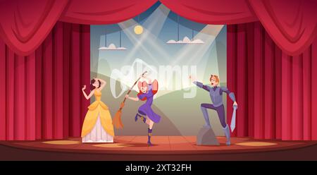 Theater stage. Performing characters show on stage exact vector template Stock Vector