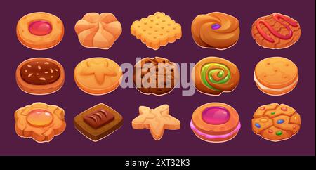 Cookies. Fresh snack products different kind of cookies exact vector bakery dessert products Stock Vector