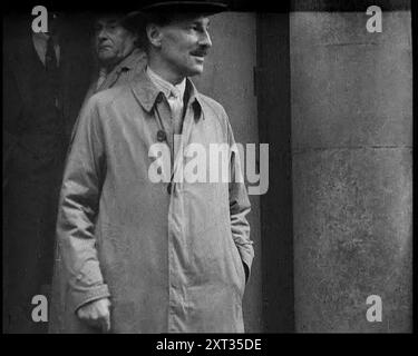 Clement at tlee Standing Outside a Building, 1930s. From &quot;Time To Remember -  The Powers That Were&quot;, 1930s (Reel 2); a documentary about various important figures of the 1930s. Stock Photo