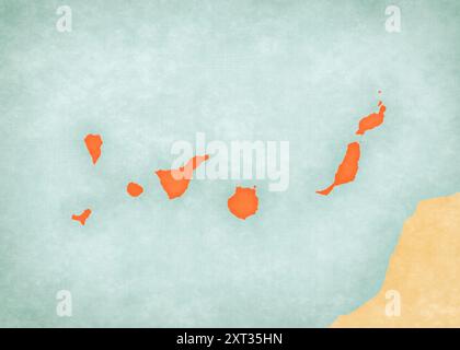 The map of Canary Islands in soft grunge and vintage style, like old paper with watercolor painting. Stock Photo