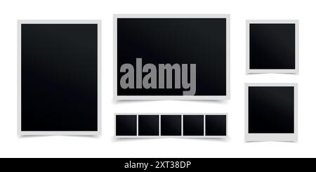 Retro photo frames set in different shapes isolated on white background. Blank instant photo with shadows. Vector illustration Stock Vector