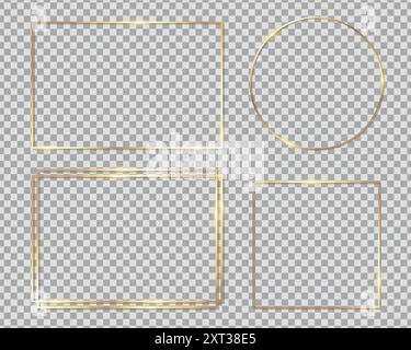 Shiny golden frames on transparent background. Luxury golden square and round frame borders for invitation cards of wedding. Vector illustration Stock Vector