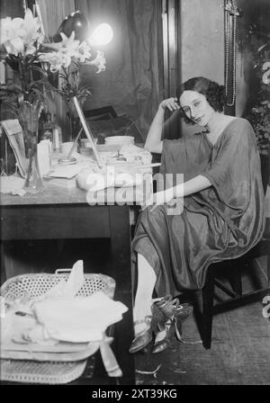 Anna Pavlowa, between c1910 and c1915. Shows Russian ballerina Anna Pavlova (Pavlovna) (1881-1931), seated at a dressing table. Stock Photo