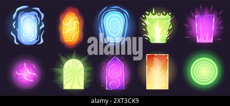 Magic portal effects. Teleport gates, fantasy tale game elements. Mystic adventures glowing doors for next steps or worlds, nowaday vector set Stock Vector