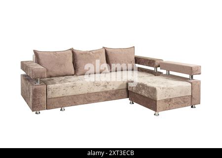 Beige corner sofa with velor fabric pillows isolated on a white background. Cushioned furniture. Stock Photo