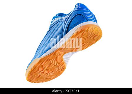 Blue leather sneaker with polyurethane sole on a white background. Stock Photo
