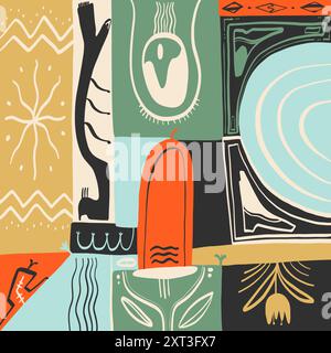 A vibrant illustration featuring a collage of abstract shapes and lines reminiscent of pencil sketches, in a patchwork design with a variety of colors Stock Photo