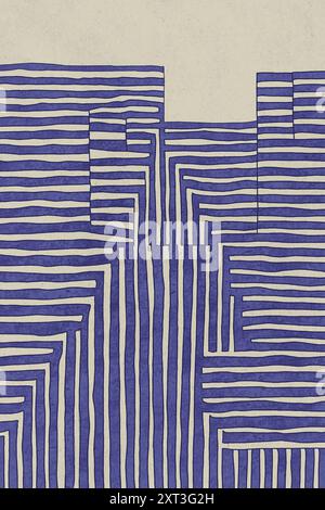 This abstract illustration features a complex maze-like design composed of various intertwining blue stripes on a textured cream background, sparking Stock Photo
