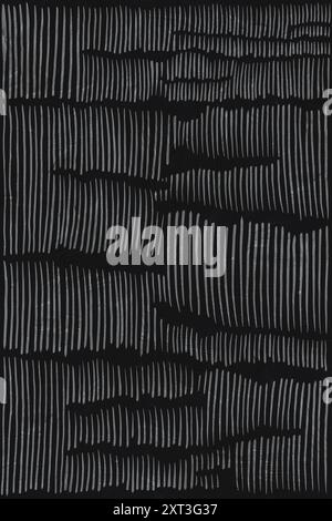 Abstract illustration featuring an array of uneven white vertical lines on a black background, evoking a sense of rhythm and texture Stock Photo