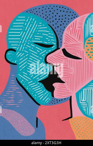 This striking illustration features abstract, stylized faces in close contact, rendered in vibrant pink, blue, and beige tones with intricate textures Stock Photo