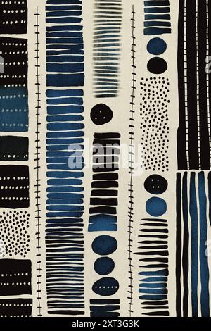 This illustration features a collection of abstract tribal patterns with varied elements like stripes, dots, and circles, all rendered in shades of bl Stock Photo