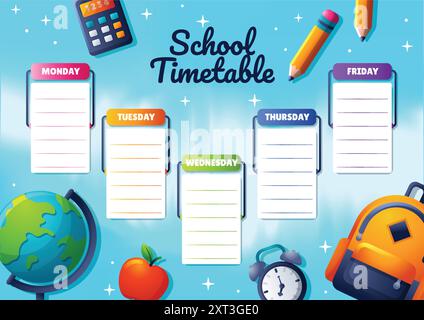 Simple cartoon school timetable, with colorful hand drawn school stationery decoration Stock Vector