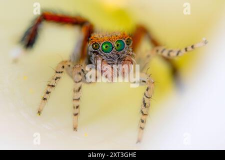 This image captures a close-up of a jumping spider with vivid green eyes and striped legs, set against a soft, blurred yellow background The bright co Stock Photo