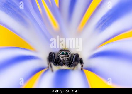 A striking close-up image of a jumping spider with vivid blue and green eyes, centered within the bold colors of a flower The photo showcases the intr Stock Photo