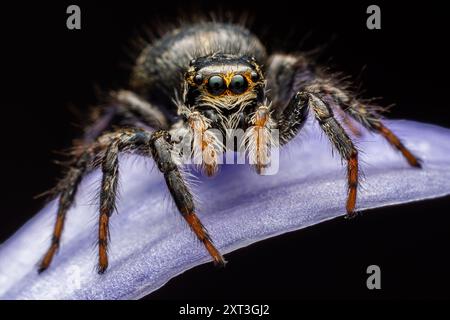 A close-up macro photograph capturing the intricate details of a jumping spider's eyes and fur, perched delicately on a violet petal Stock Photo