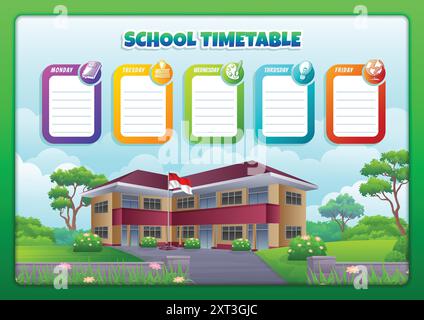 School Timetable template with indonesian school building and fresh nature landscape cartoon illustration Stock Vector