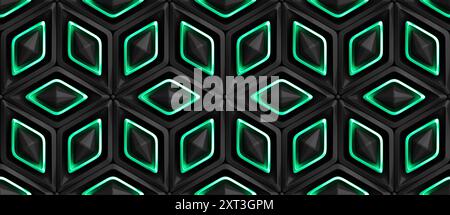Seamless 3D geometric pattern wallpaper design featuring glowing neon green accents on black dimensional shapes. Ideal for backgrounds and graphic pro Stock Photo