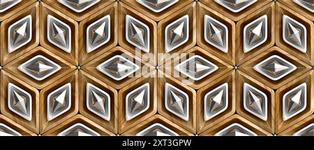 This image features a seamless 3D geometric pattern, perfect for wallpaper designs, composed of wooden textures and polished metallic details creating Stock Photo