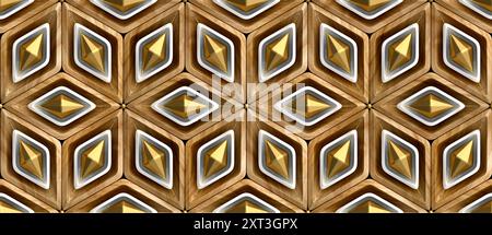 A highly detailed seamless 3D geometric pattern featuring wood textures and gold accents, excellent for use in deluxe wallpaper designs and sophistica Stock Photo