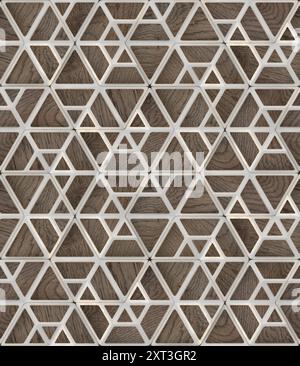 This image features a detailed geometric pattern formed by white lines creating a series of triangles over a textured wooden background. Stock Photo
