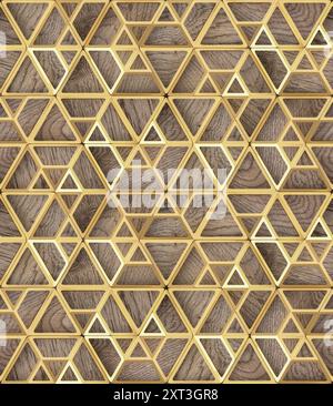 An elegant and detailed seamless geometric pattern featuring intersecting golden lines and wood grain textures perfect for backgrounds or wallpapers. Stock Photo