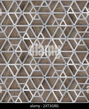 This image features a seamlessly repeating background of geometric patterns combining silver and white metal and textured wooden elements in a modern Stock Photo