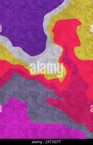 A striking abstract background featuring textures resembling cutout paper in vibrant shades of purple, red, yellow, and gray, creating a dynamic and a Stock Photo