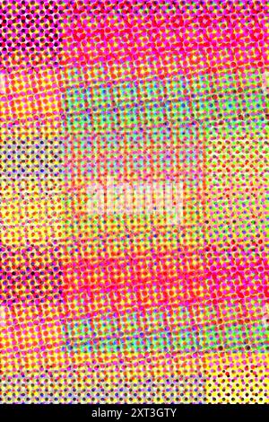 This vertical high-resolution image showcases a striking multicolored dot matrix that creates a vibrant abstract background, blending hues of red, pin Stock Photo