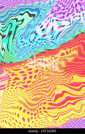 A vibrant abstract illustration with flowing water-like shapes in bright, contrasting colors of blue, pink, and yellow, creating a visually stimulatin Stock Photo