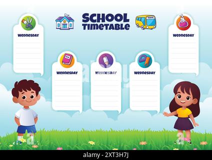 Cartoon school timetable, two kids with beautiful nature landscape Stock Vector