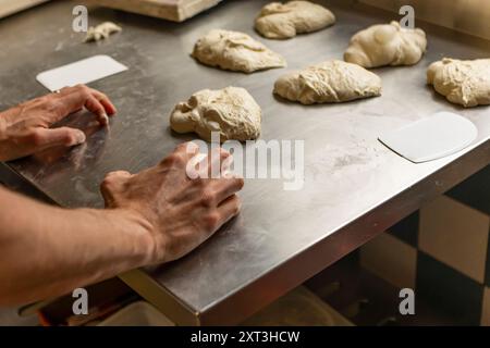 A person kneading fresh dough on a stainless steel table, preparing for pizza creation The image captures the hands in motion, emphasizing the art of Stock Photo