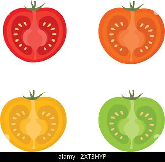 Four Ripe and Raw Half-Cut Tomatoes Vector Illustration - Fresh Tomato Slices Graphic Design for Food, Culinary, and Healthy Eating Stock Vector