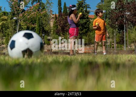 Two children, a boy and a girl, eating apples in a sunny park, with a soccer ball in the foreground They enjoy physical activity in a natural environm Stock Photo