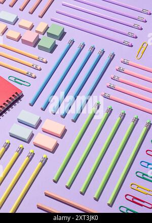 A neatly organized top view of school supplies, featuring pencils, erasers, notebooks, and paper clips on a vibrant purple surface. Stock Photo
