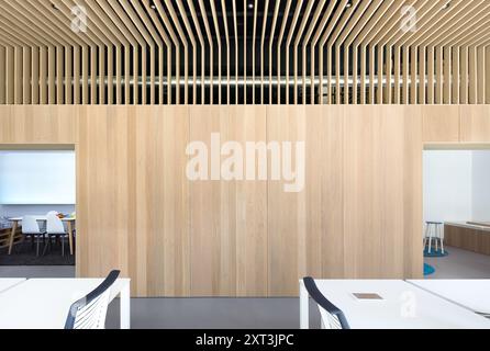 A contemporary office featuring sleek wooden slats on the ceiling and walls, with minimalist furniture and a bright, airy atmosphere. Stock Photo