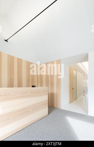 This image showcases an immaculately designed dental clinic featuring bright light, sleek wood paneling, and minimalist style The spacious reception a Stock Photo