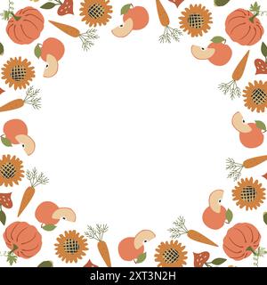 Healthy Autumn vegetables frame, organic vegetarian card design. Cute funny veggies Border background with natural farm pumpkin, carrot, apple. Colore Stock Vector