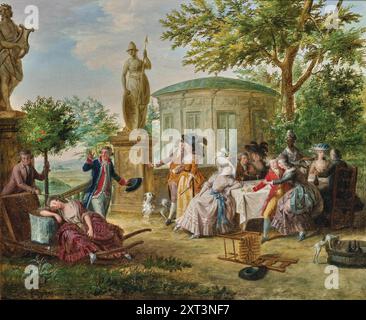 Elegant society dining in a classical garden, 1780s. Found in the Collection of the Private Collection. Stock Photo