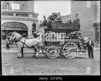 Wandsworth, Greater London Authority, 1880-1900. Thomas Tilling's horse bus (Putney Route). Thomas Tilling purchased his first horse bus in 1850 which he ran between Peckham and Oxford Street in London. Unlike many other operators, Tilling's buses stopped at predetermined points en-route and ran to a fixed timetable. Passengers liked this reliability and the company became hugely successful. By the inter-war period the Tilling Group had become one of the major bus operators in the United Kingdom. Stock Photo