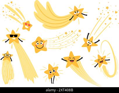 Funny collection of shooting stars with eyes and tails for kids authors work Stock Vector