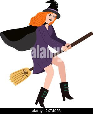 Flying Witch on a broom. Halloween character. Fairytale magical vector sorceress on a broomstick authors work Stock Vector