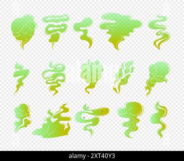 Set of isolated toxic vapors. The smell of spoiled rotten food or poor hygiene of an unwashed body. Stinky smoke. Green fumes, poisonous gas, bad breath, fart smell, clouds of stench, foul odor authors work Stock Vector