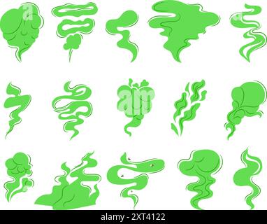 Stinky smoke. Green fumes, poisonous gas, bad breath, fart smell, clouds of stench, foul odor. Set of isolated toxic vapors. The smell of spoiled rotten food or poor hygiene of an unwashed body authors work Stock Vector