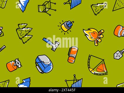 Travel camping pattern. Tourist equipment for survival in outdoor. Stock Vector