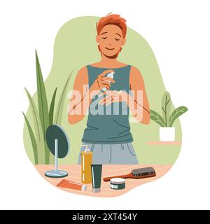 Relaxed woman applying hand cream at dressing table flat color vector illustration. Short haired female caring about skin concept icon on white Stock Vector