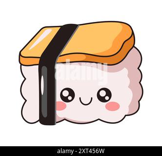 Cute Kawaii sashimi with rise, nori and tofu flat color vector illustration. Happy face of traditional Asian snack character on white background Stock Vector